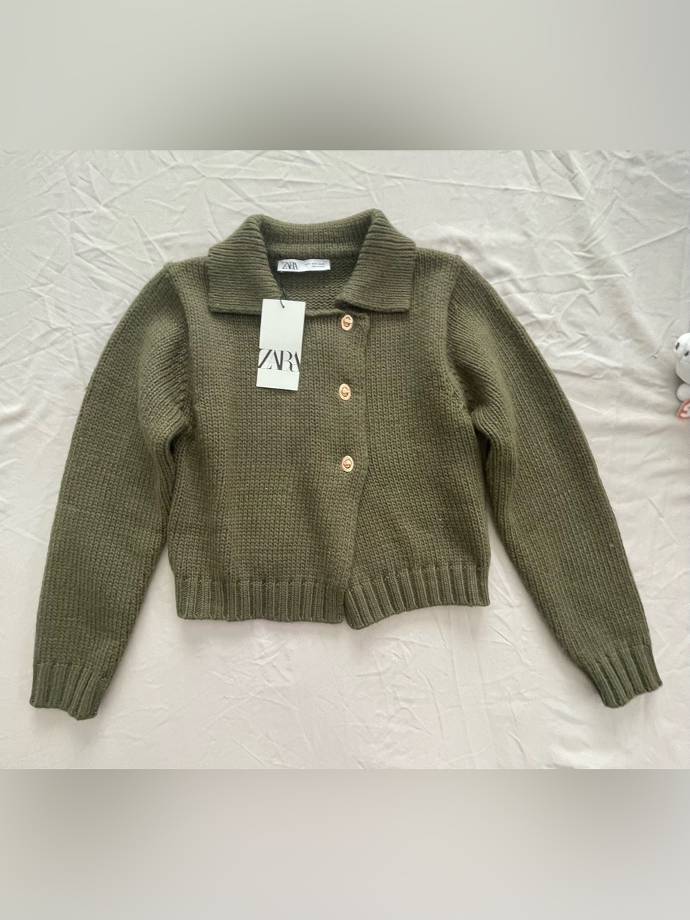 Zara Olive Green Collared Button-Front Knit Cardigan